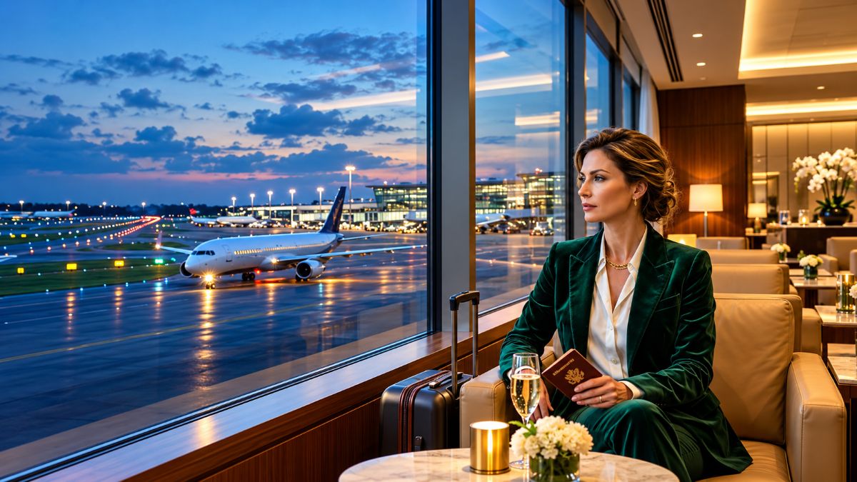 Ultra-realistic luxury airport lounge at dusk with a woman in an emerald suit holding a passport, seated beside floor-to-ceiling windows overlooking an illuminated runway and passenger aircraft