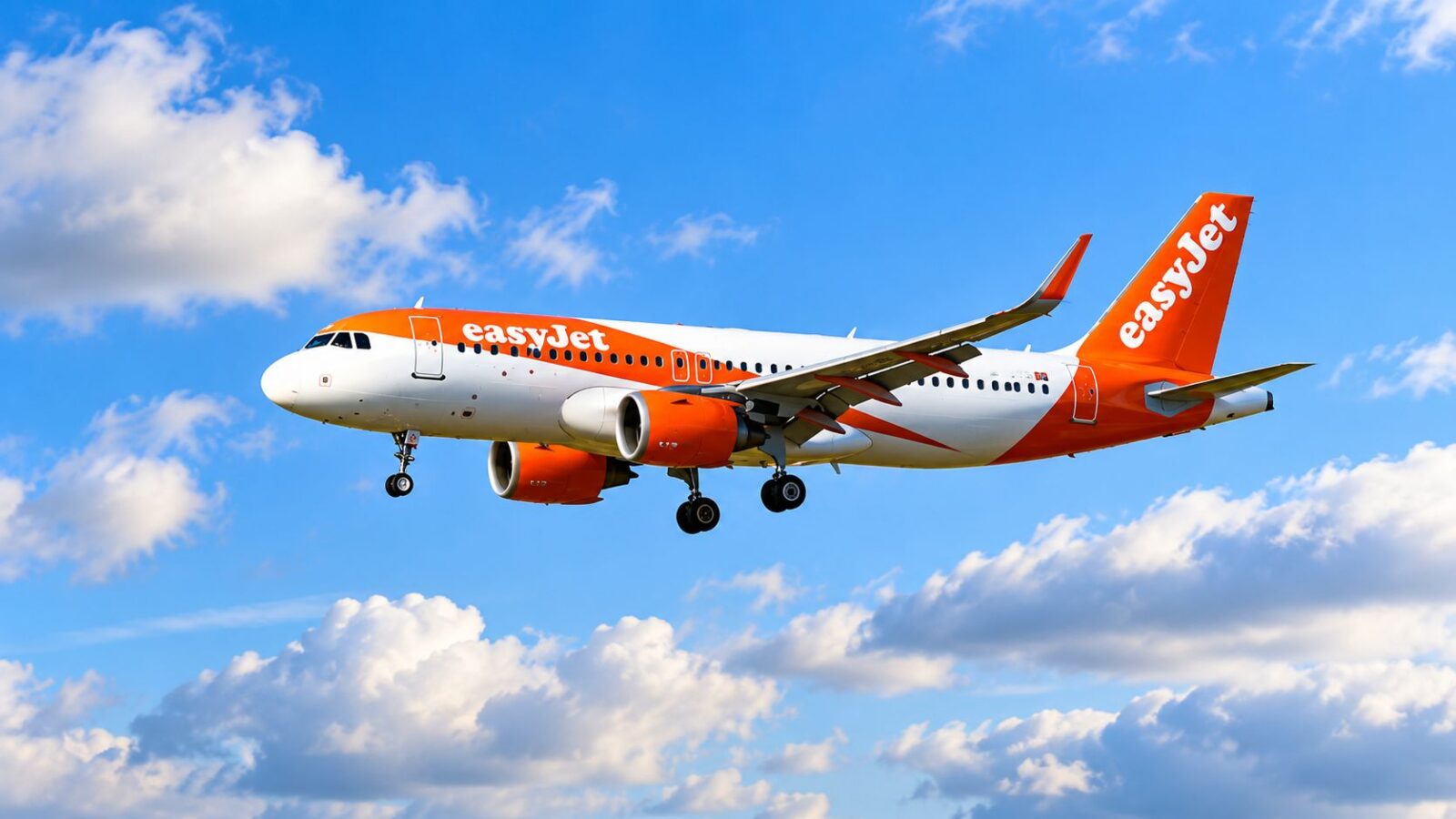 Easyjet airliner above the clouds - travel and tour world Modern easyjet passenger aircraft lined up on an airport tarmac terminal in the united kingdom