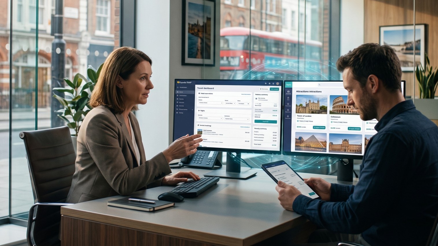 Uk travel adviser using an integrated expedia taap-inspired platform for hotel and tiqets activity bookings.