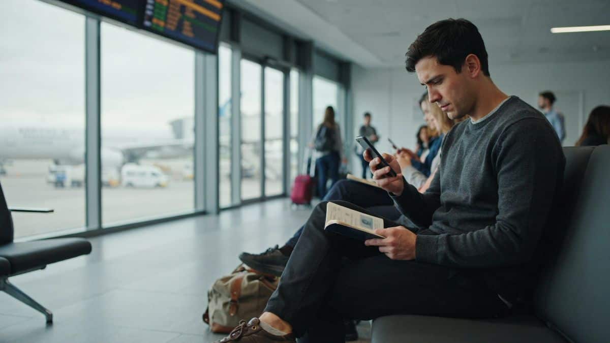 Traveller checks an online arrival form on a smartphone while holding a passport at an airport