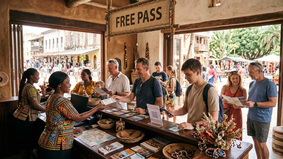 Festive tourism - travel and tour world International visitors collect complimentary entry tickets and scan digital qr codes under a"FREE PASS" sign at an African cultural tourism visitor centre.