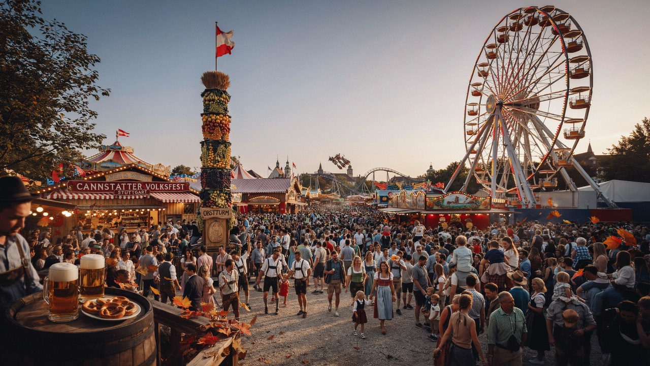Crowds explore colourful carnival rides and festival tents at stuttgart’s cannstatter volksfest in germany
