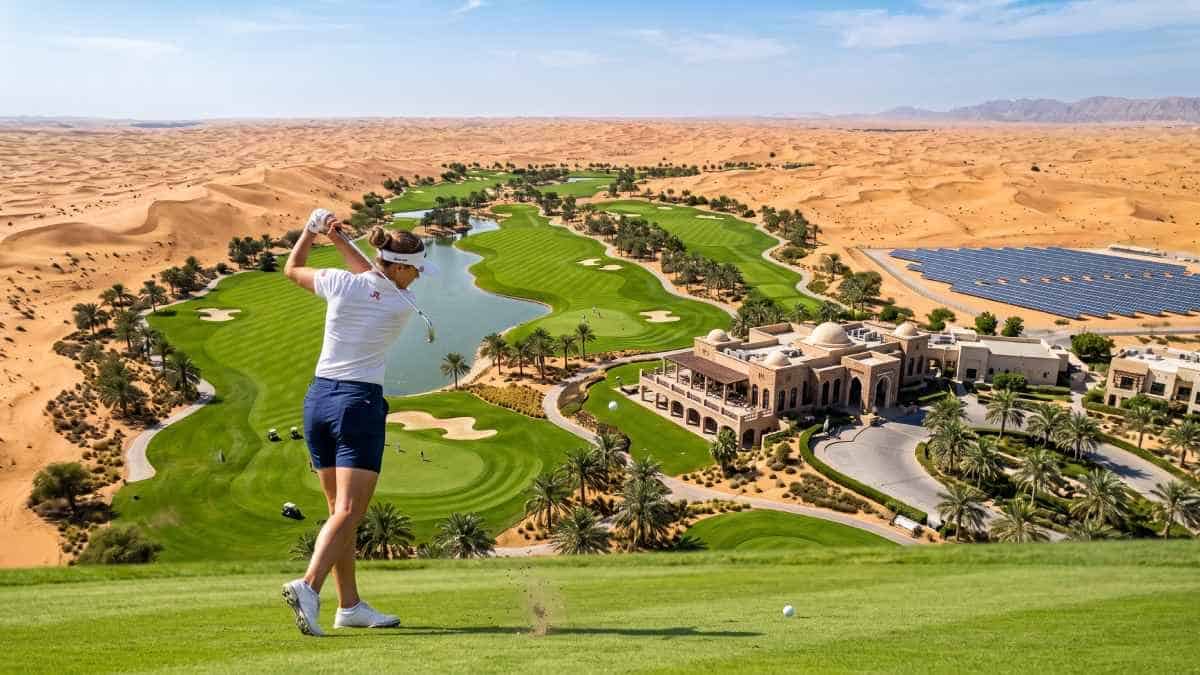Golf tourism growth - travel and tour world A golfer swings on a lush green course overlooking expansive desert sand dunes, a luxury middle eastern-style clubhouse, and a solar panel array under a bright blue sky.