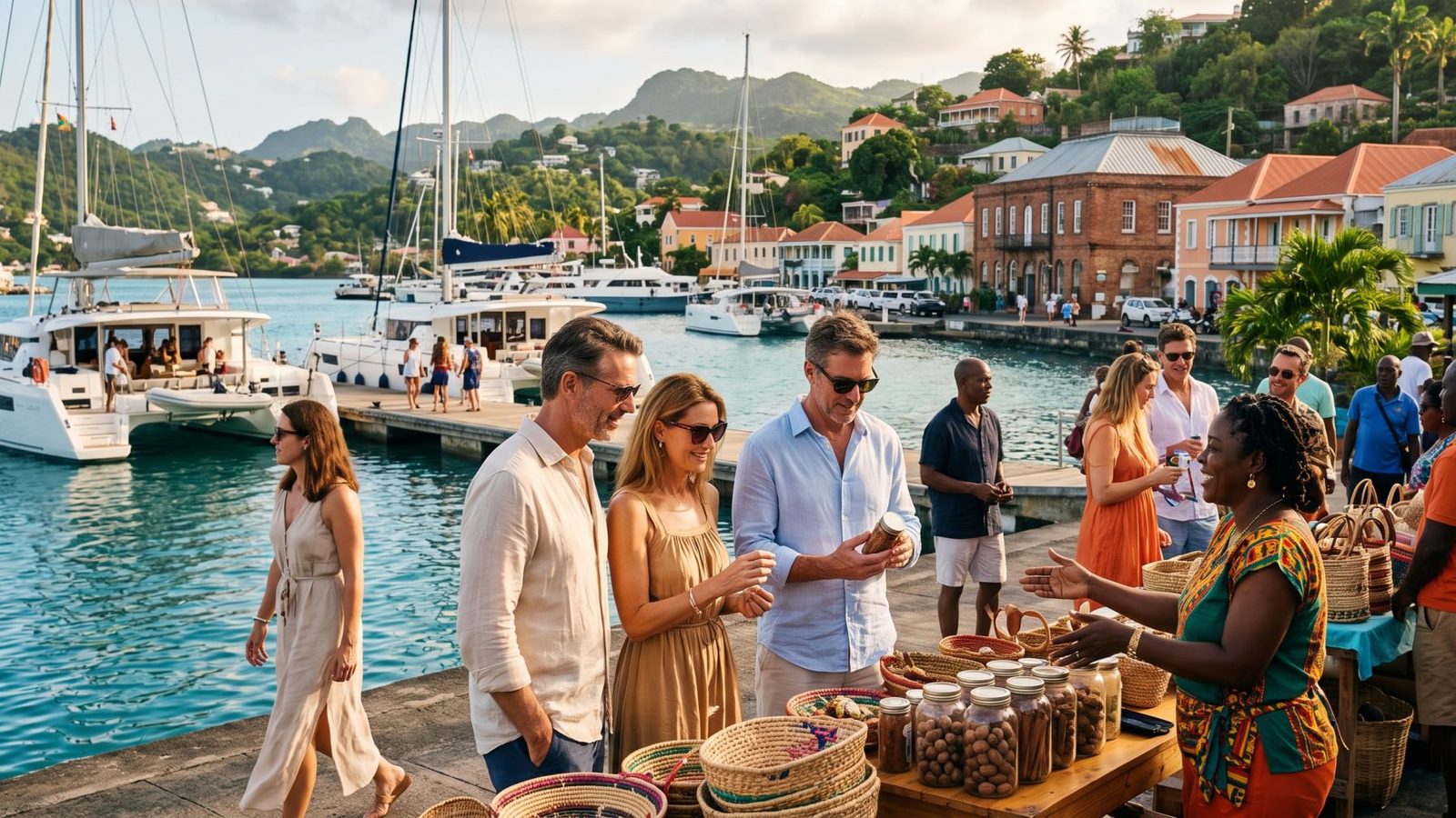 Grenada tourism 2026 illustration showing luxury yacht visitors supporting local businesses at st george's waterfront.
 Copy alt text