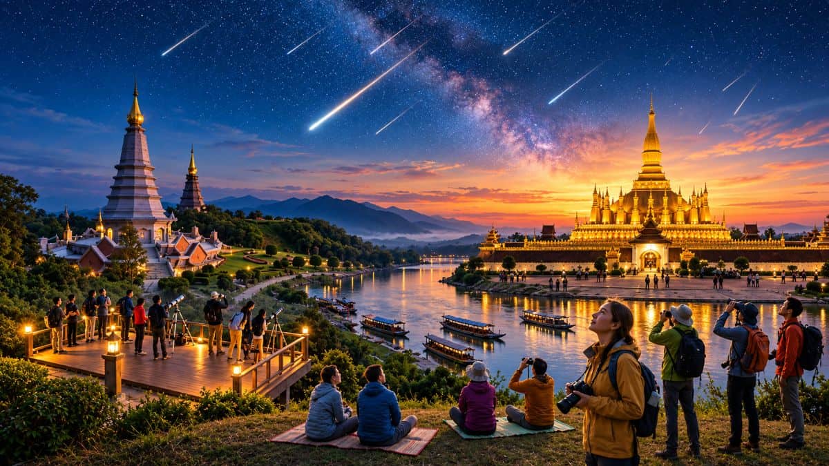 Stargazers observing bright streaks of the orionid meteor shower above a dark mountainous horizon in northern thailand - travel and tour world Thailand_laos_regional_tourism_halleys_comet_debris_meteor_showers_stargazing_experiences