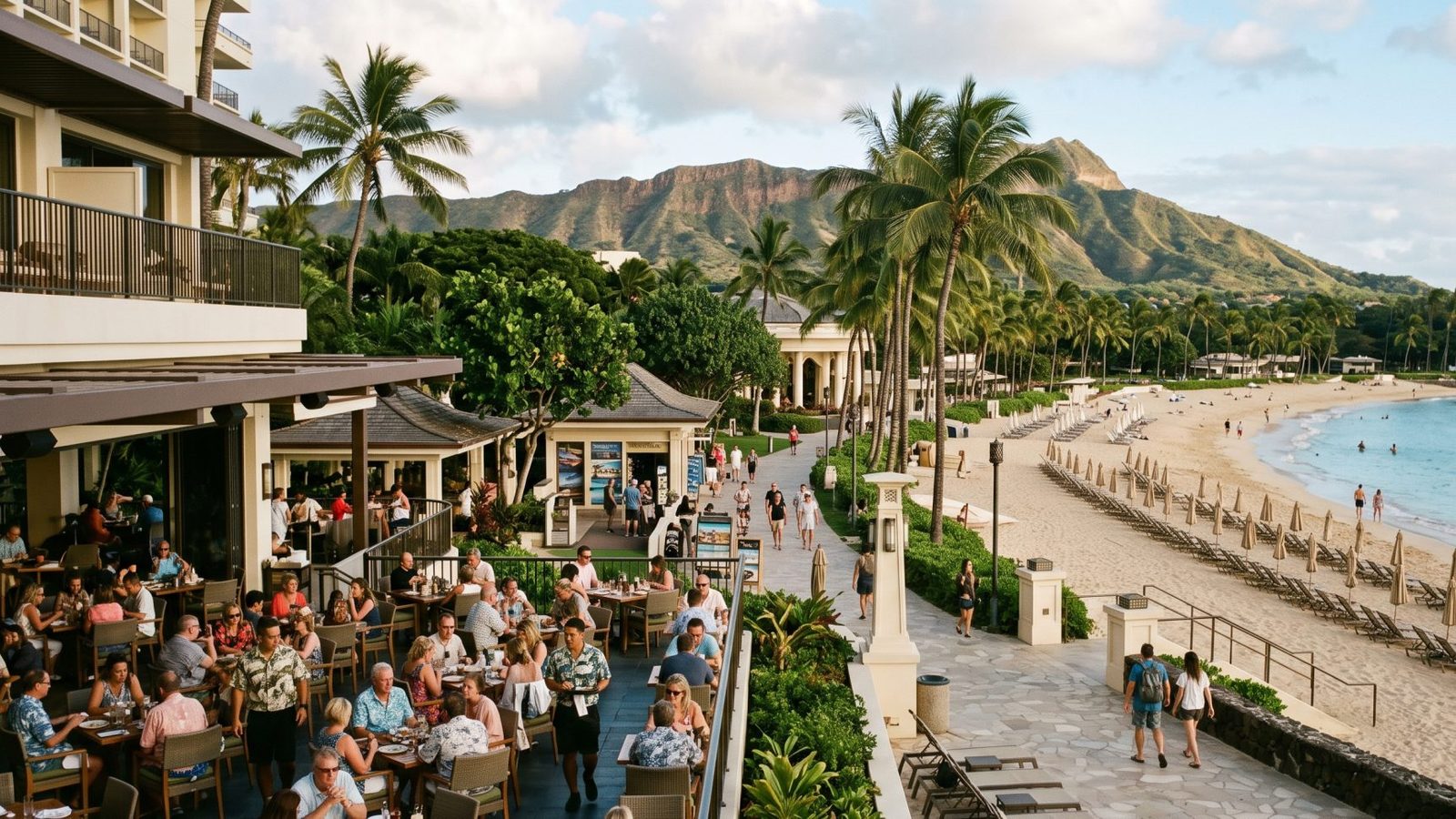 Travellers dine and relax at a quieter hawaii beachfront resort in 2026, reflecting higher daily visitor spending despite fewer arrivals and lower overall tourism revenue.