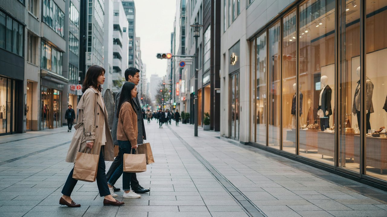 Japan tourism spending climbs 3. 2% as fewer visitors spend more and taiwan is now at the top of the market - travel and tour world Three shoppers carrying paper bags look at a clothing shop window on a city street