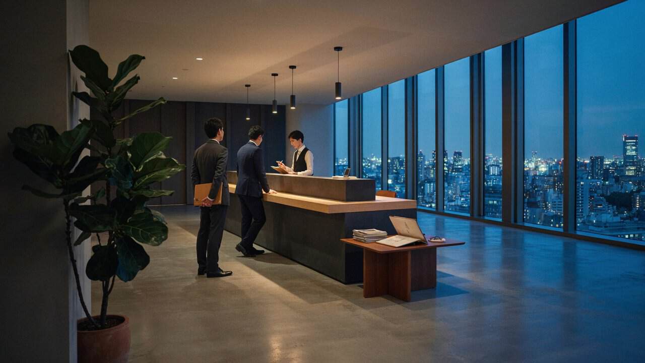 Two businessmen in suits interacting with a receptionist at a modern, high-rise reception desk overlooking a city skyline at dusk.