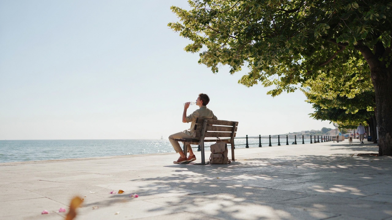 Uk operators now say beach holidays in europe are in strong demand as heat and costs add more pressure - travel and tour world Man drinking water on a bench beside a tree-lined seafront promenade, with a backpack at his feet