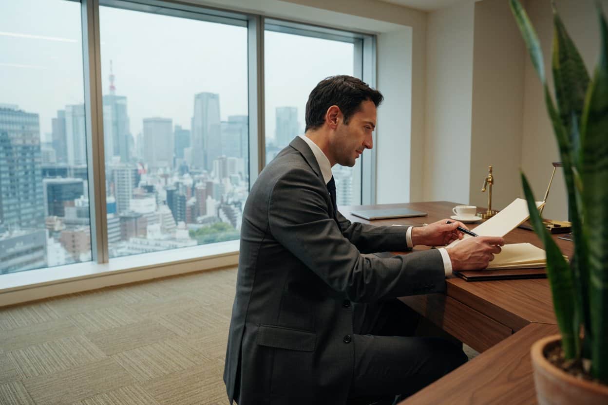 Japan raises the bar for tourism founders as business manager visa rules now demand more capital and staff - travel and tour world Man in a grey suit reviewing documents at a wooden desk beside large windows overlooking a city skyline.