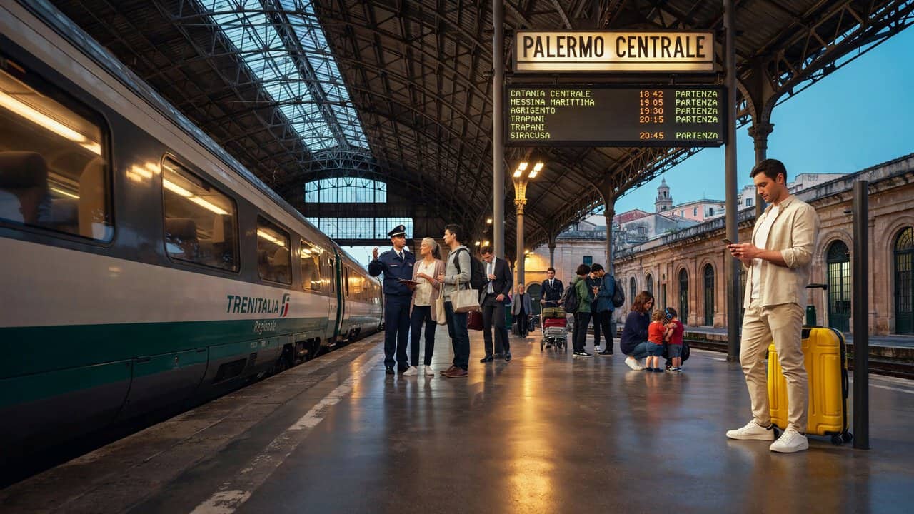 Trenitalia regional train at a railway station in sicily, italy, illustrating the scheduled 12&ndash;13 october 2026 rail strike affecting palermo, catania, messina and agrigento.