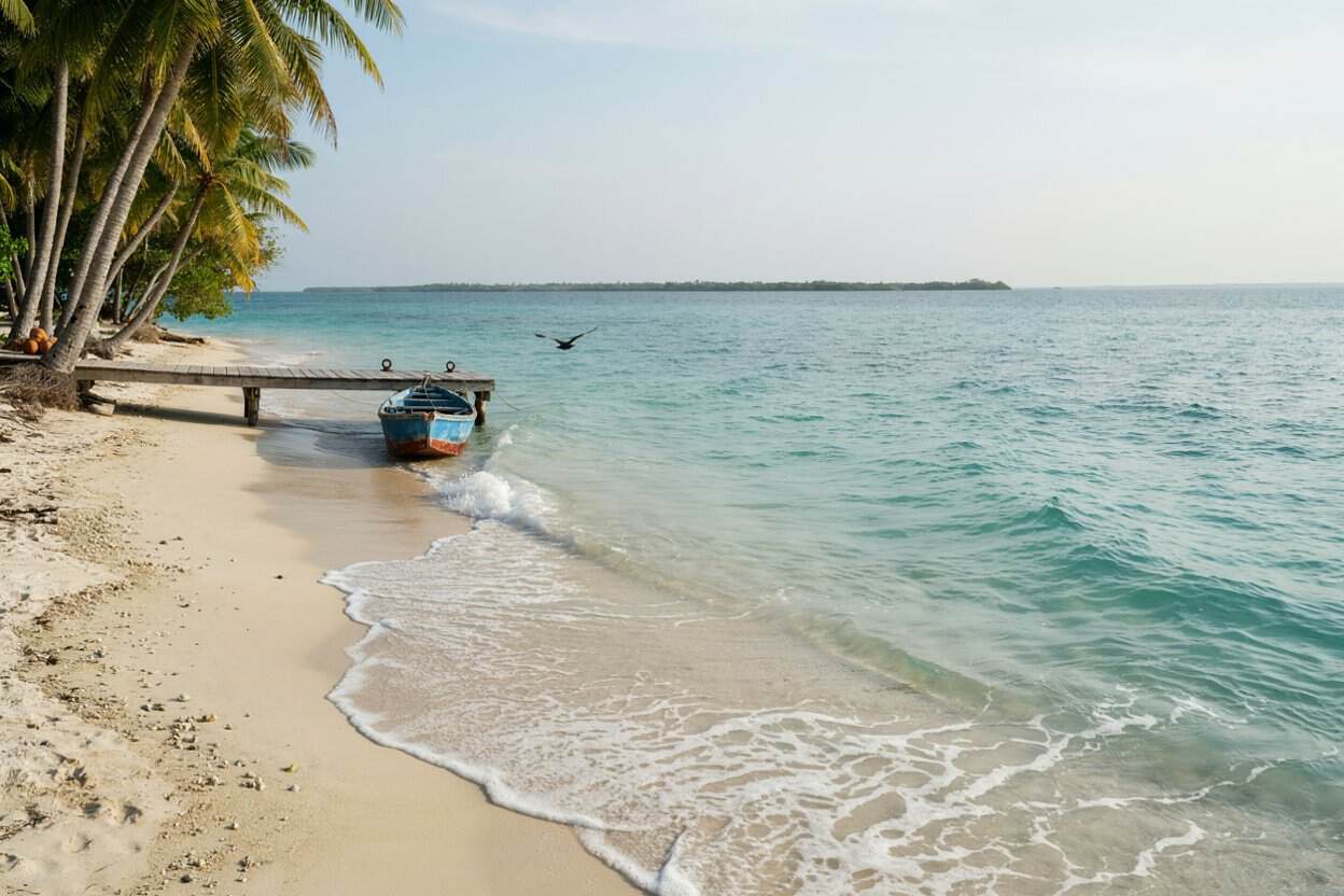 Palm-lined sandy beach with turquoise water, a wooden jetty and a small blue boat beside the shore
