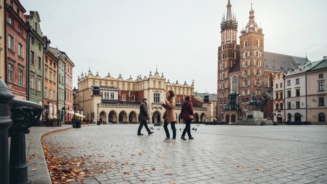 Poland is now on the radar for budget travel in europe as us travellers seek more to see and do this autumn - travel and tour world Pedestrians walk through kraków’s main market square, with colourful historic buildings and st mary’s basilica behind them