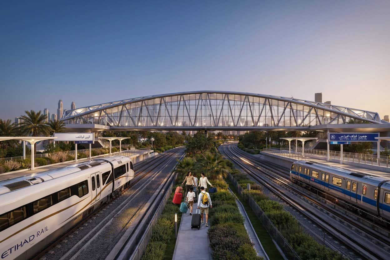 Uae - travel and tour world Etihad rail passenger train and dubai metro connected by a pedestrian bridge between al yalayis and jumeirah golf estates stations.