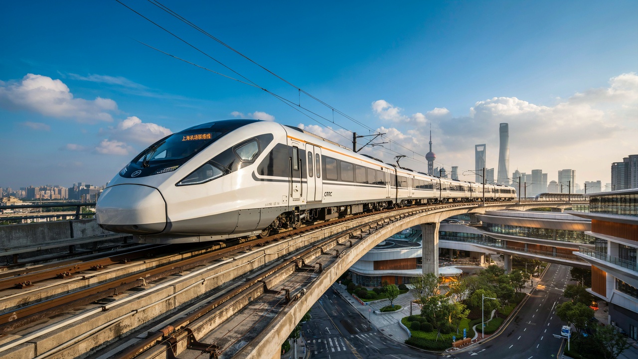 China rail - travel and tour world Modern chinese suburban railway train travelling through an elevated urban corridor, reflecting china's expansion of airport and regional rail connections.