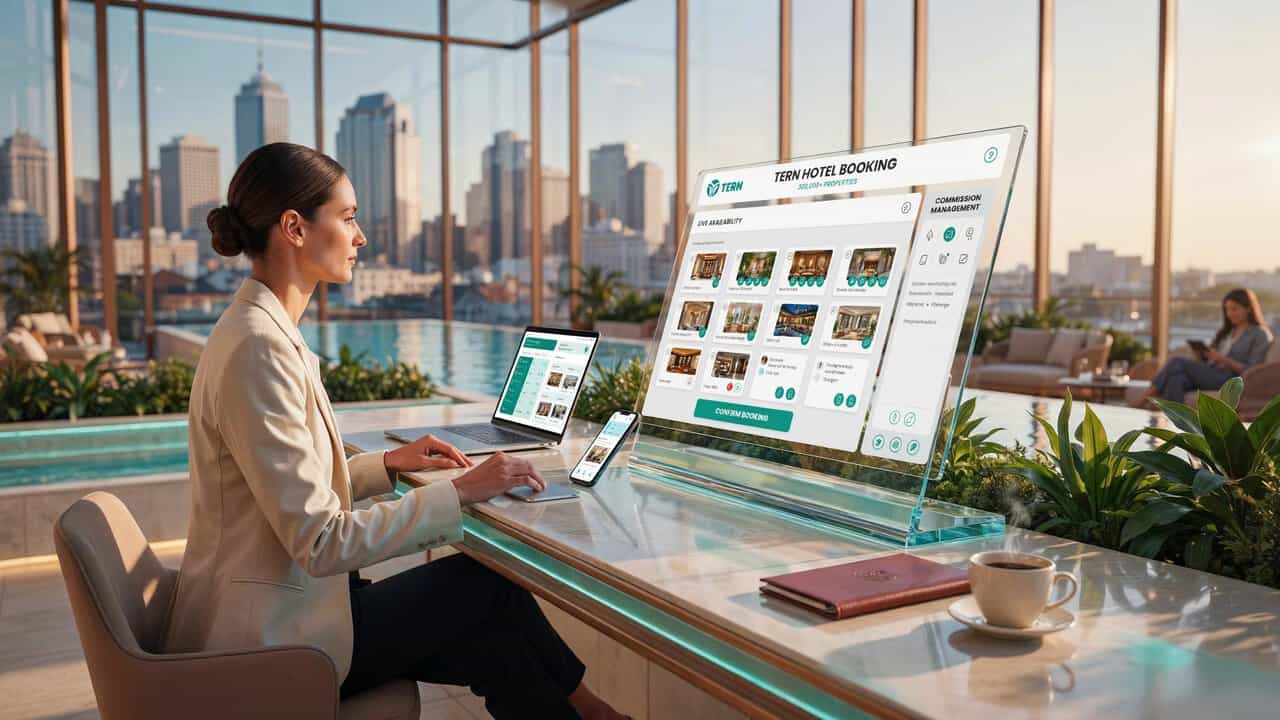 Hotel booking - travel and tour world Tern hotel booking platform displayed on a travel advisor's digital workstation, highlighting hotel reservations and commission management.