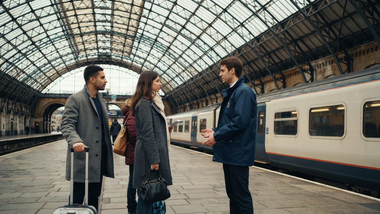 Uk rail disruption hits paddington as more time and better planning are key to black friday travel - travel and tour world Travellers with luggage speak to a railway staff member beside a train beneath an arched glass station roof