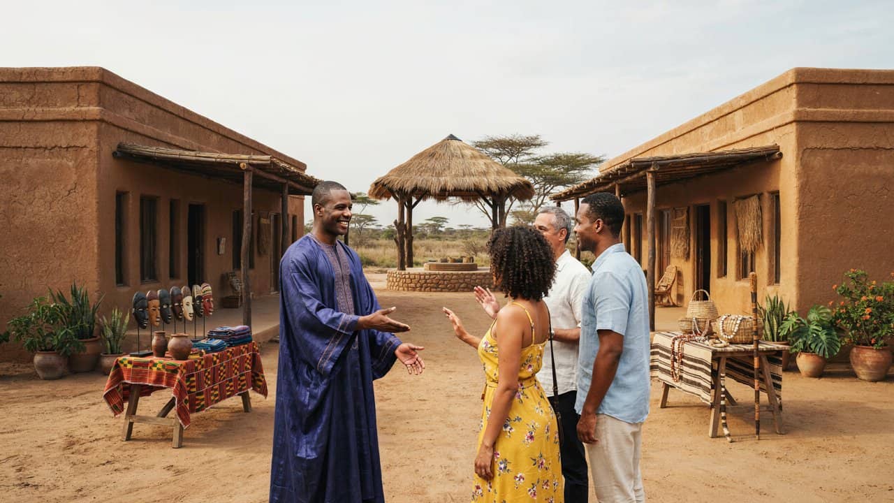 Ghana is planning a new cultural tourism centre in paga to draw more caribbean visitors and share heritage - travel and tour world A man in a blue robe greets three visitors in a courtyard displaying masks, woven baskets and colourful textiles
