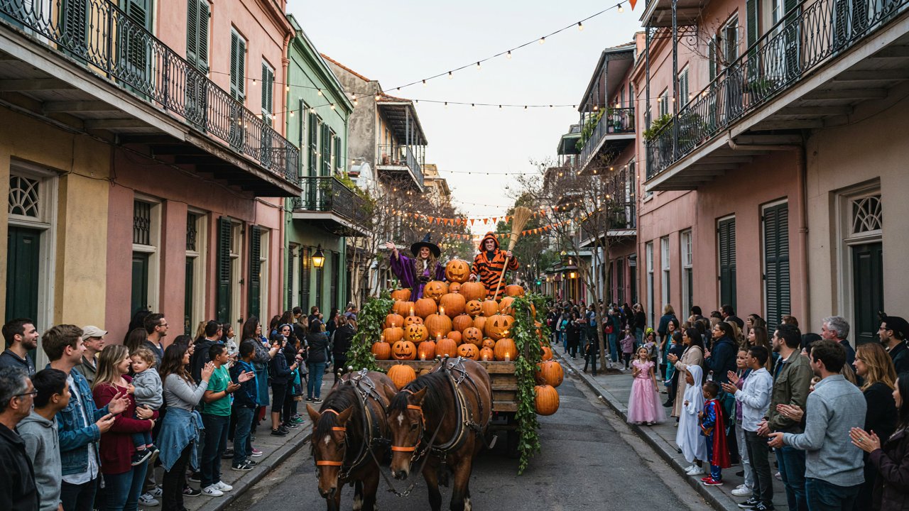 New orleans halloween travel offers more to see as the city is set for a free parade and spooky shows - travel and tour world A horse-drawn wagon piled with pumpkins carries costumed performers past crowds lining a street with ornate balconies