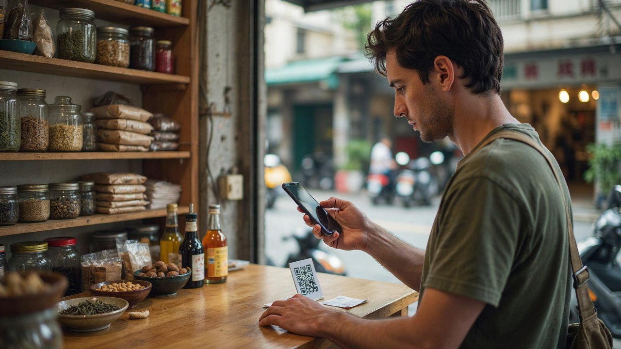 Singapore makes travel payments in taiwan easier as paylah now works at over 250,000 merchants - travel and tour world A shopper holds a smartphone above a qr code on a wooden counter beside jars of dried goods