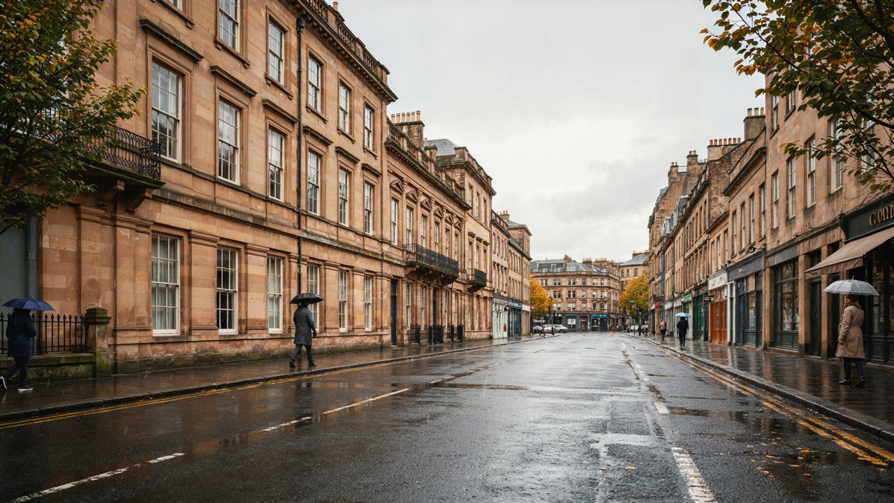 Pedestrians carry umbrellas along a wet street lined with sandstone buildings and autumn trees