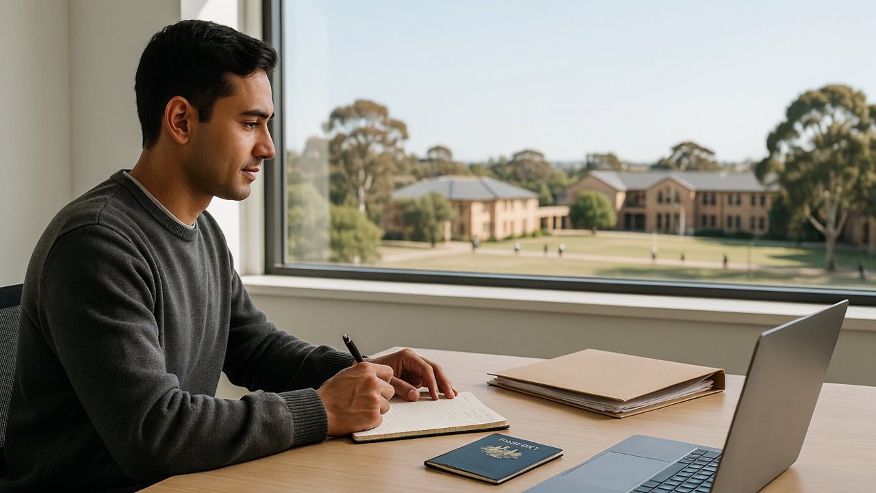 Australia keeps lower student visa fees for 23 countries as the standard fee is now 25% more - travel and tour world A man writes in a notebook beside a laptop, passport and document folder, with campus buildings visible through a window