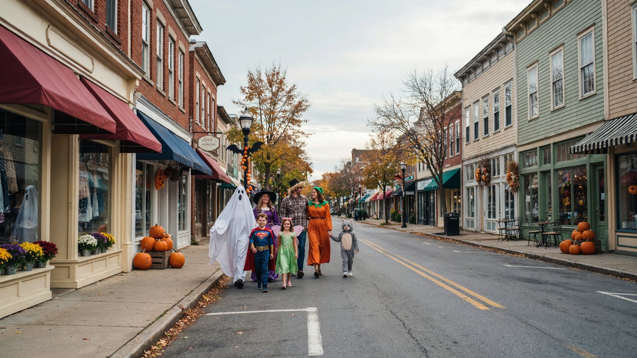 Adults and children in halloween costumes walk along a shopping street decorated with pumpkins and autumn flowers