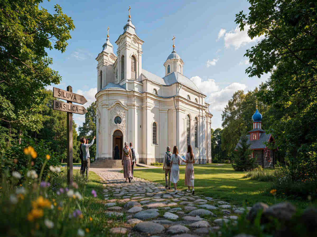 Lithuania religious tourism in Šiluva - travel and tour world Pilgrims visiting historic Šiluva basilica in lithuania