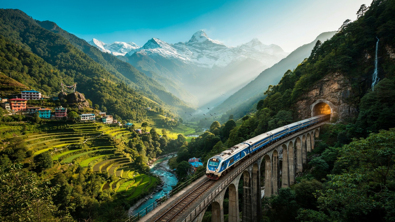 Conceptual indian railways train crossing a himalayan bridge near gangtok, sikkim.