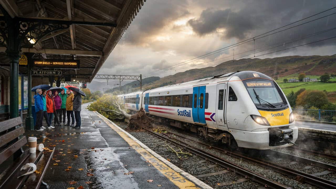 Uk - travel and tour world Storm boelo disrupts uk travel as a scotrail train stands near storm-damaged tracks in scotland.