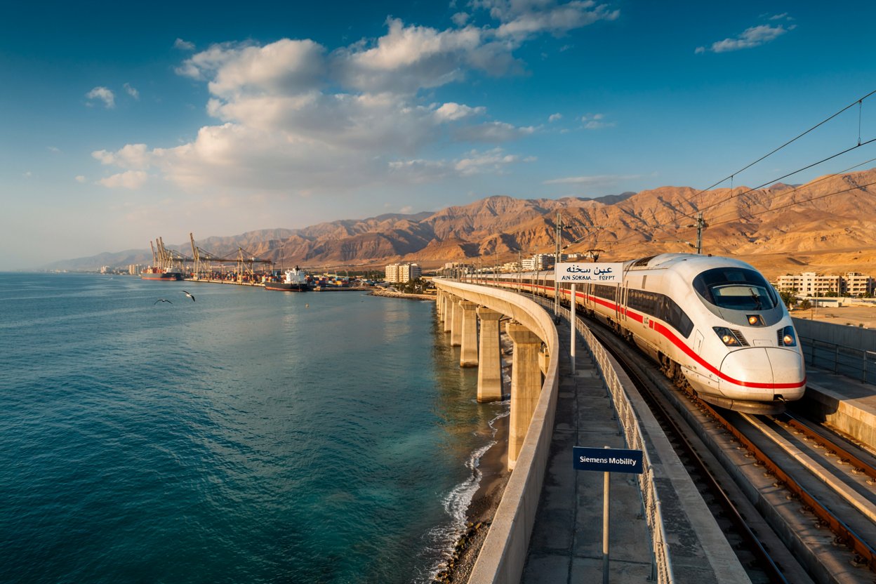 Egyptian high-speed electric train on a coastal railway near ain sokhna, overlooking the red sea and desert mountains.