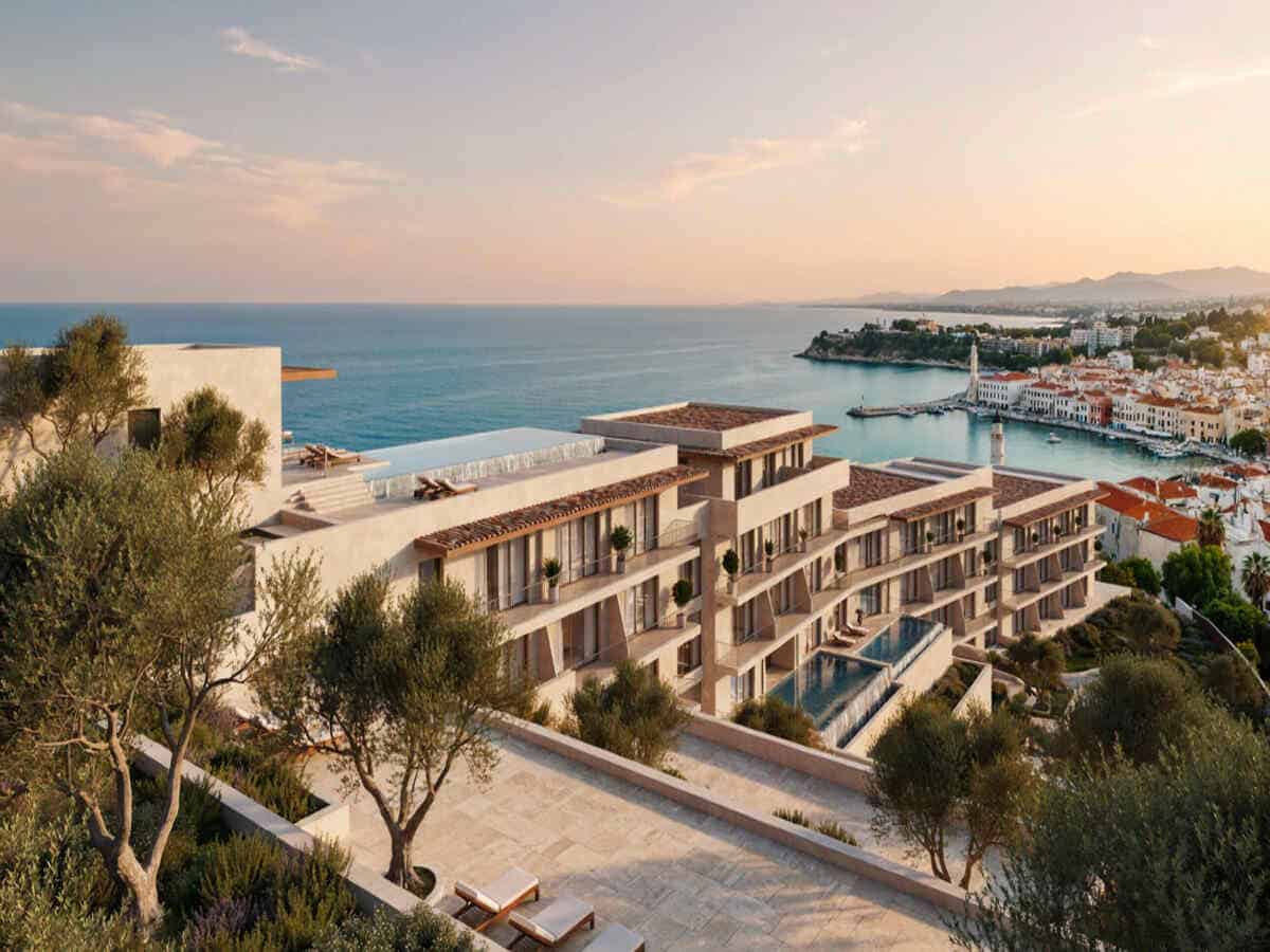 Luxury hilton resort overlooking crete coastline in greece