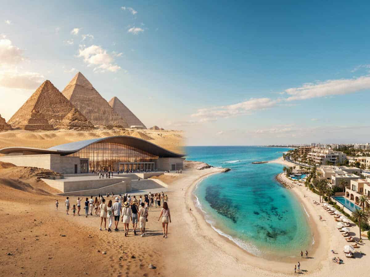 Egypt tourism boom 2026 - travel and tour world Egypt tourism growth featuring cairo museum, red sea resorts and mediterranean beaches.