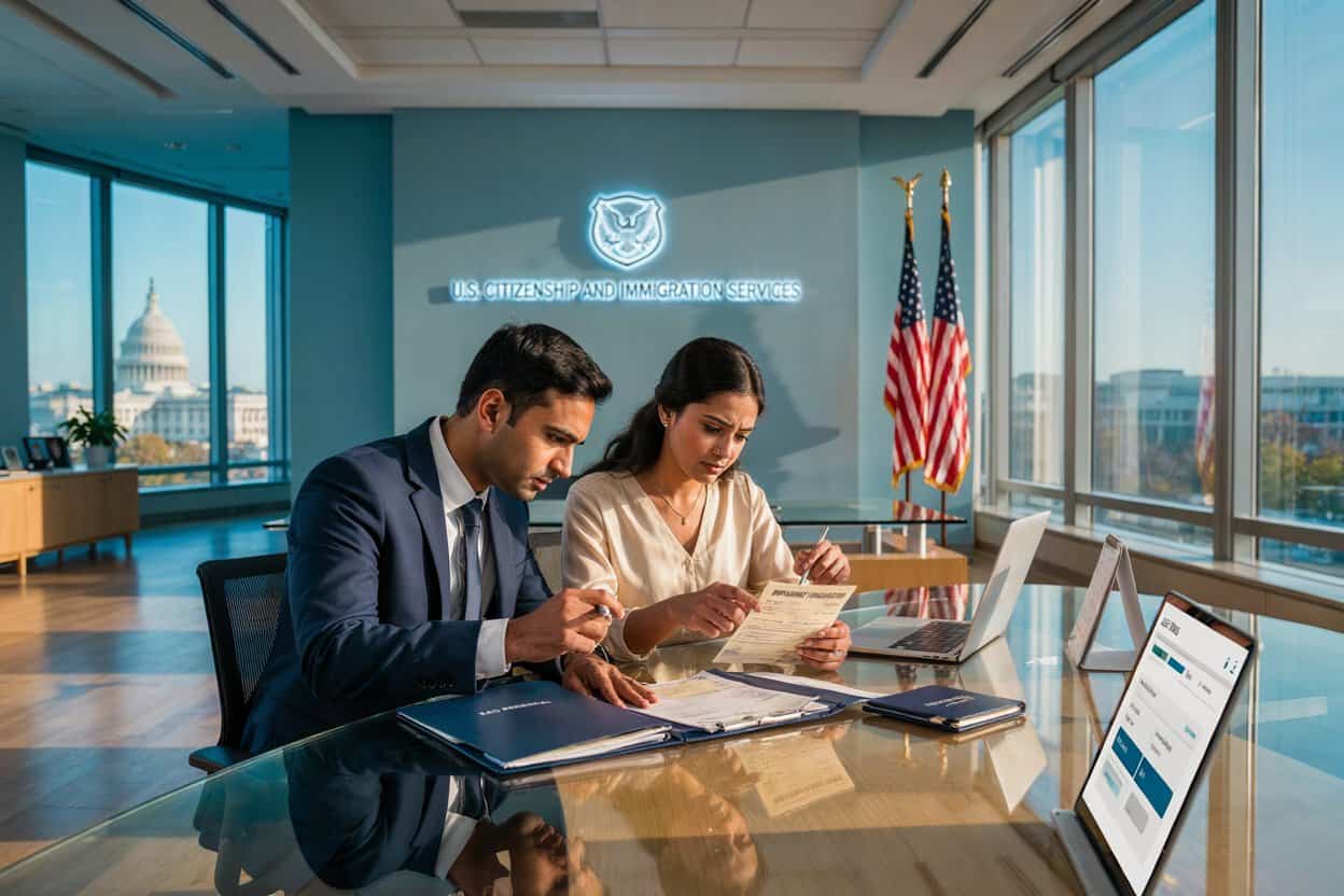 Indian professionals reviewing us ead renewal documents in an immigration office following the 2026 work permit rule change.