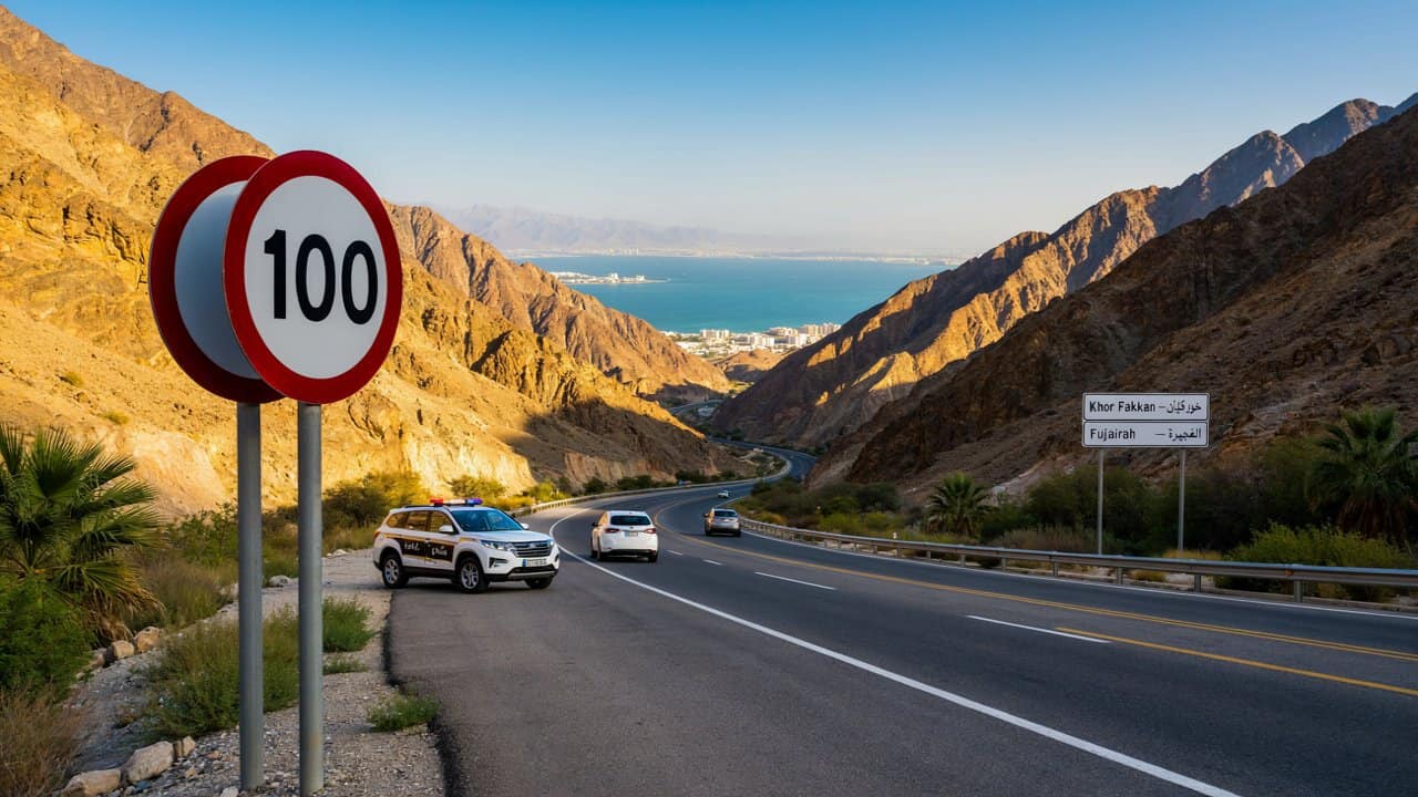 Scenic road connecting fujairah and khor fakkan on the uae's eastern coast, surrounded by mountains and coastal landscapes.