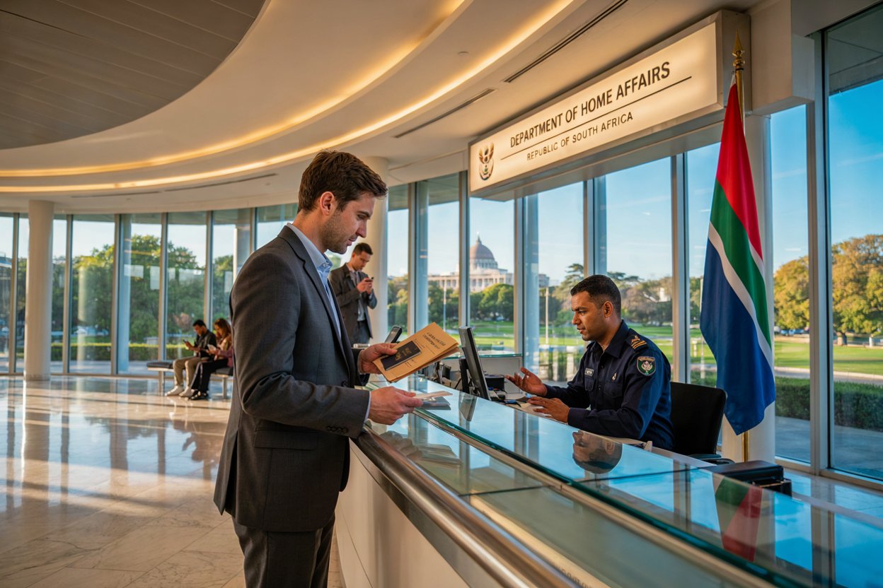 South africa - travel and tour world International traveller submitting visa extension documents at a south african immigration service counter.
