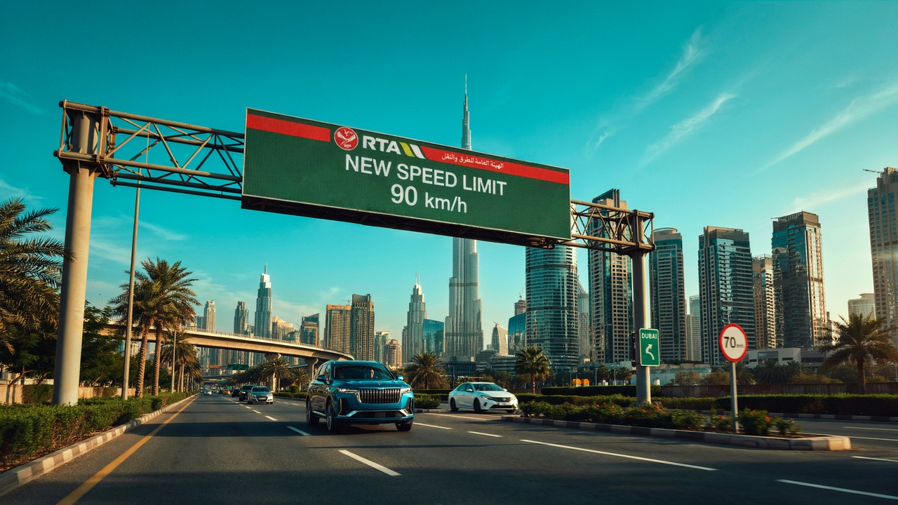 Dubai traffic rules - travel and tour world Dubai highway with rta-branded speed limit signs, modern vehicles and burj khalifa skyline illustrating new traffic rules.