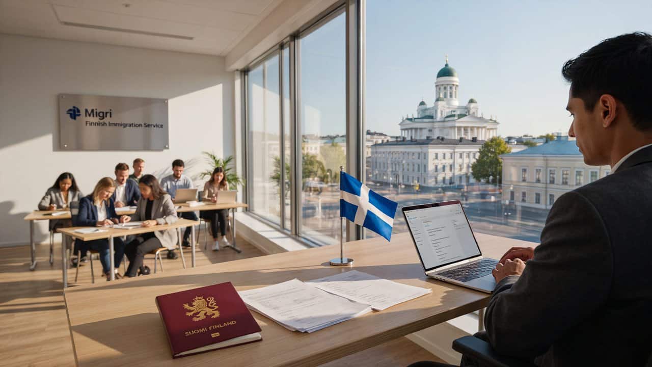 Finland - travel and tour world Finnish passport, national flag and citizenship examination study materials on a desk in helsinki, illustrating finland's new citizenship test requirements for March 2027.