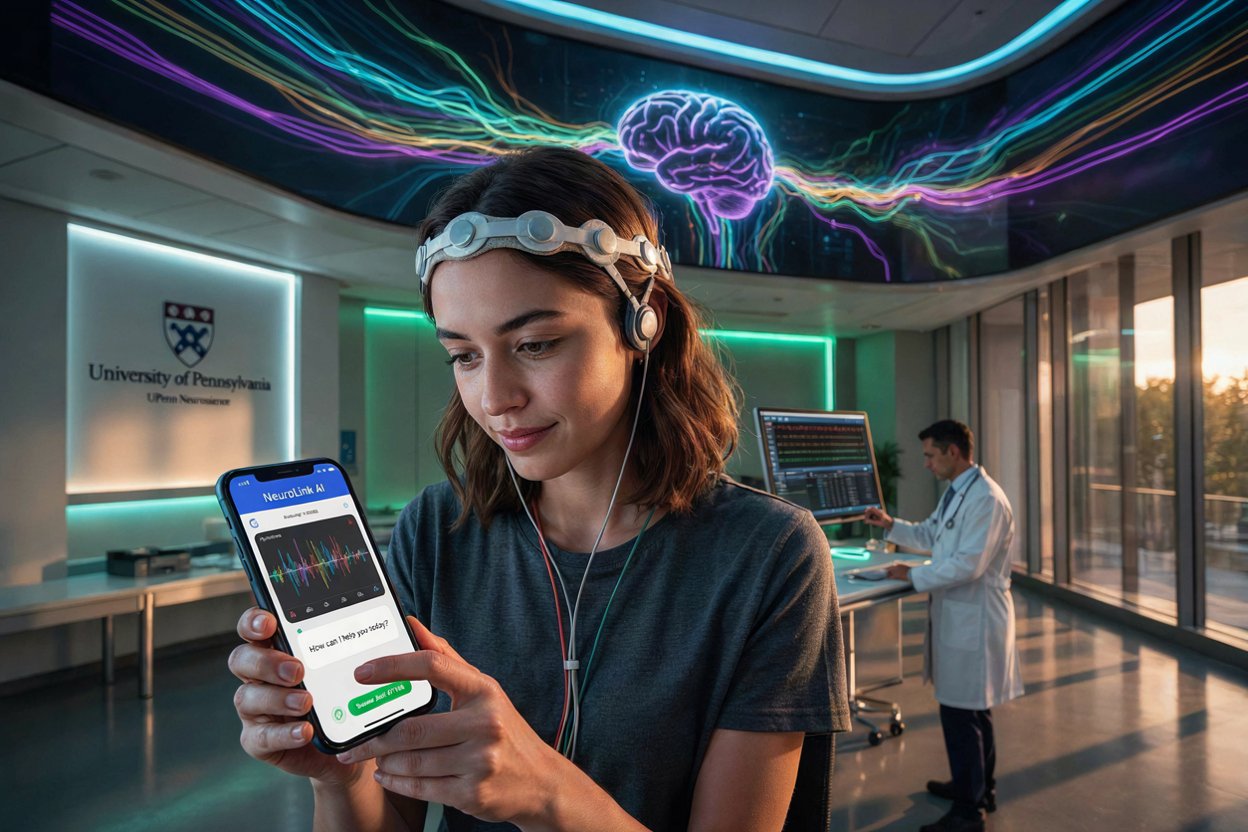 Ai medical device - travel and tour world Ai medical device concept showing an epilepsy patient using a smartphone chatbot connected to eeg brain-monitoring technology at a university research laboratory.