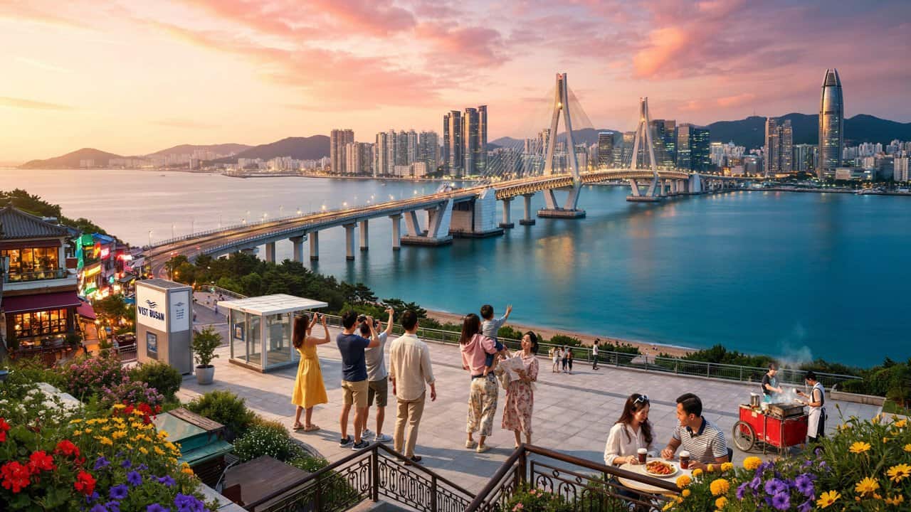 Nternational tourists exploring busan's vibrant Gwangalli Beach waterfront in South Korea, with Gwangan Bridge and the illuminated coastal skyline in the background.