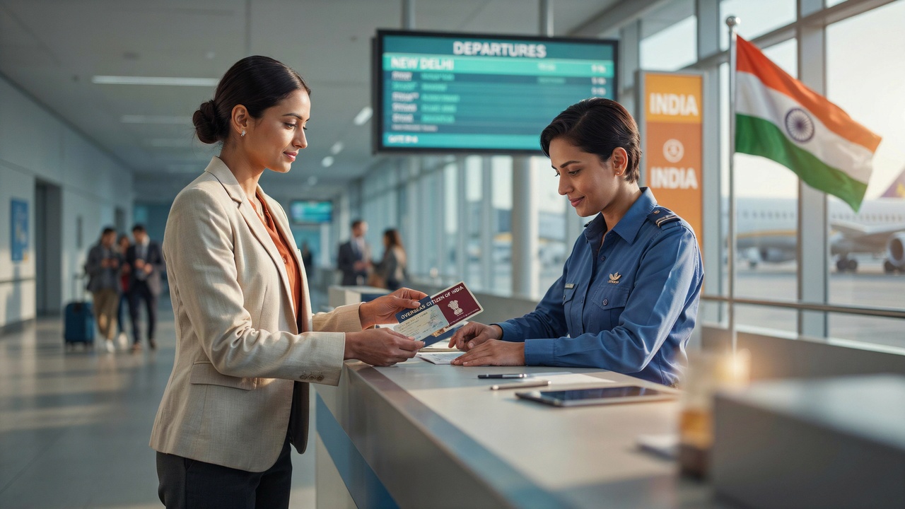 India - travel and tour world Foreign passport and overseas citizen of india card placed beside a laptop displaying the official oci services portal.