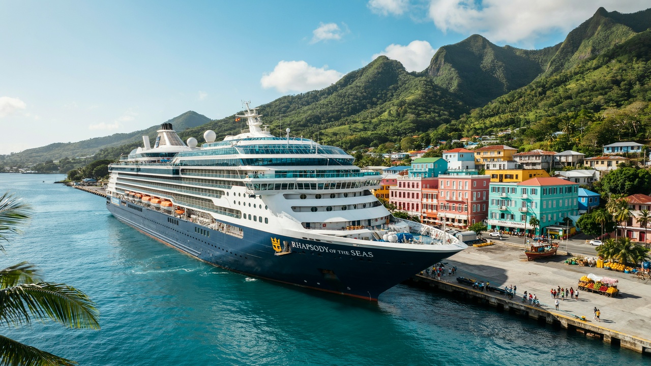 Royal caribbean's Rhapsody of the Seas cruise ship docked at Roseau Cruise Ship Pier in Dominica during the October 2026 season opening.