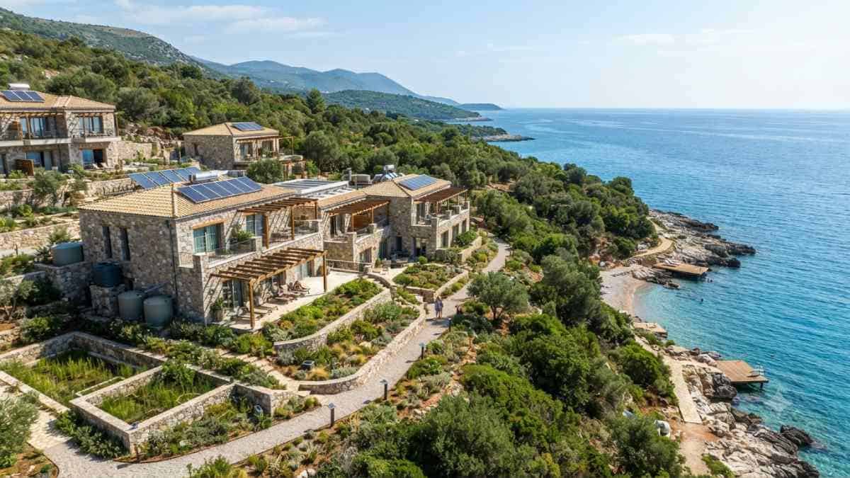 Aerial view of a sustainable stone-built eco-resort with rooftop solar panels on the albanian riviera, overlooking the adriatic sea.