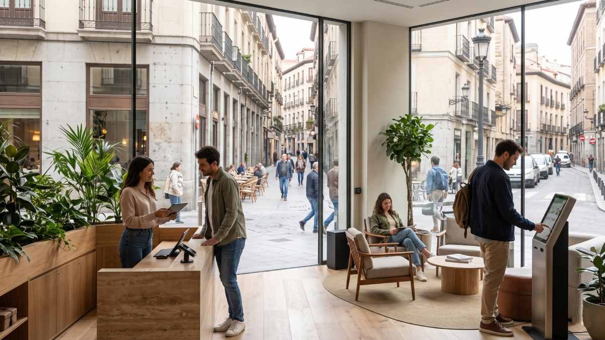 A traveller checks in via a digital kiosk inside a bright, contemporary boutique hotel lobby, while a staff member assists a guest nearby against panoramic windows overlooking a historic european city street.