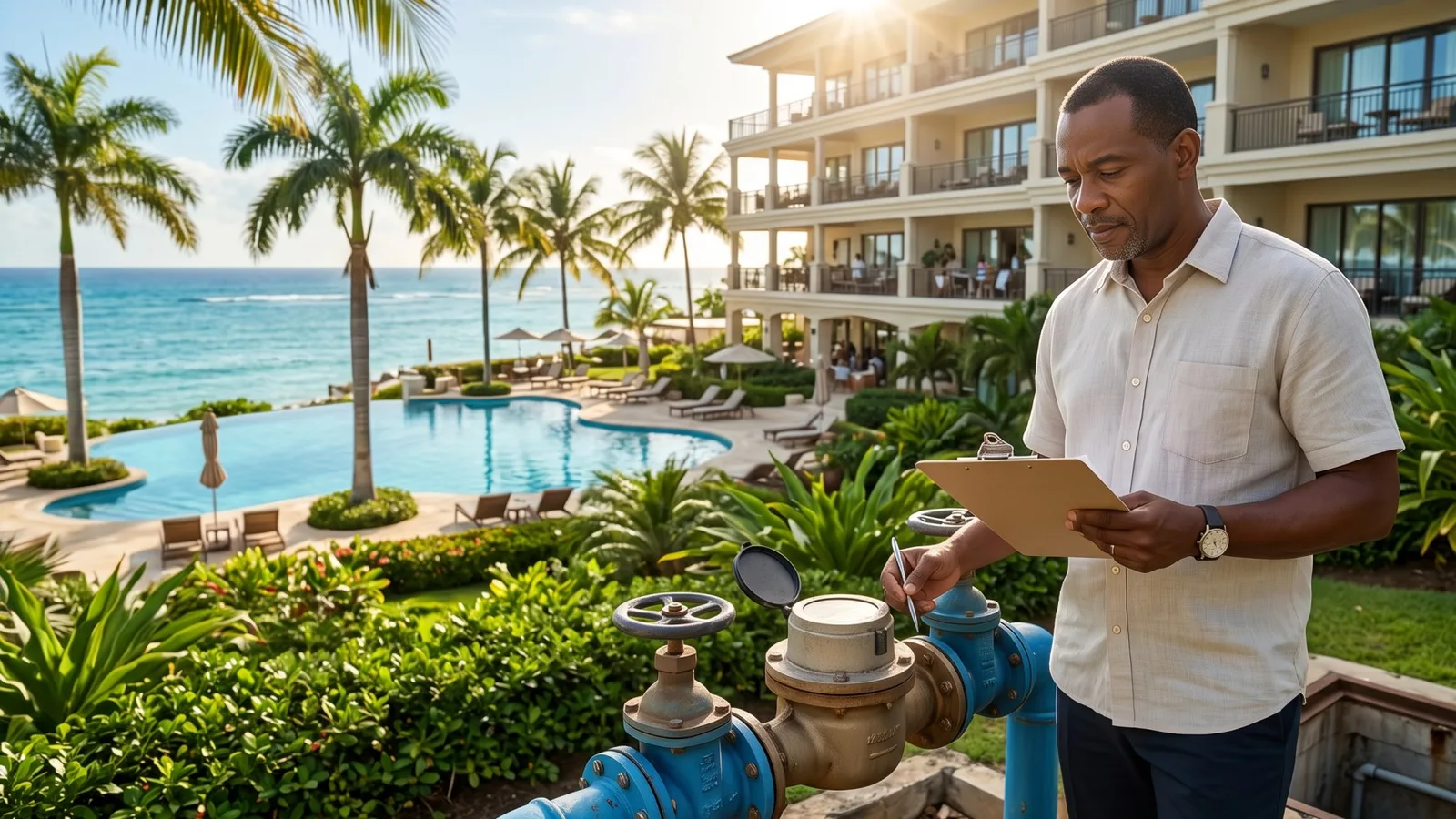 Jamaica-tourism-recovery-nwc-water-rate-hike-hotel-costs-2026 - travel and tour world Jamaican hotel manager inspecting a water meter at a montego bay resort amid proposed nwc tariff increases.