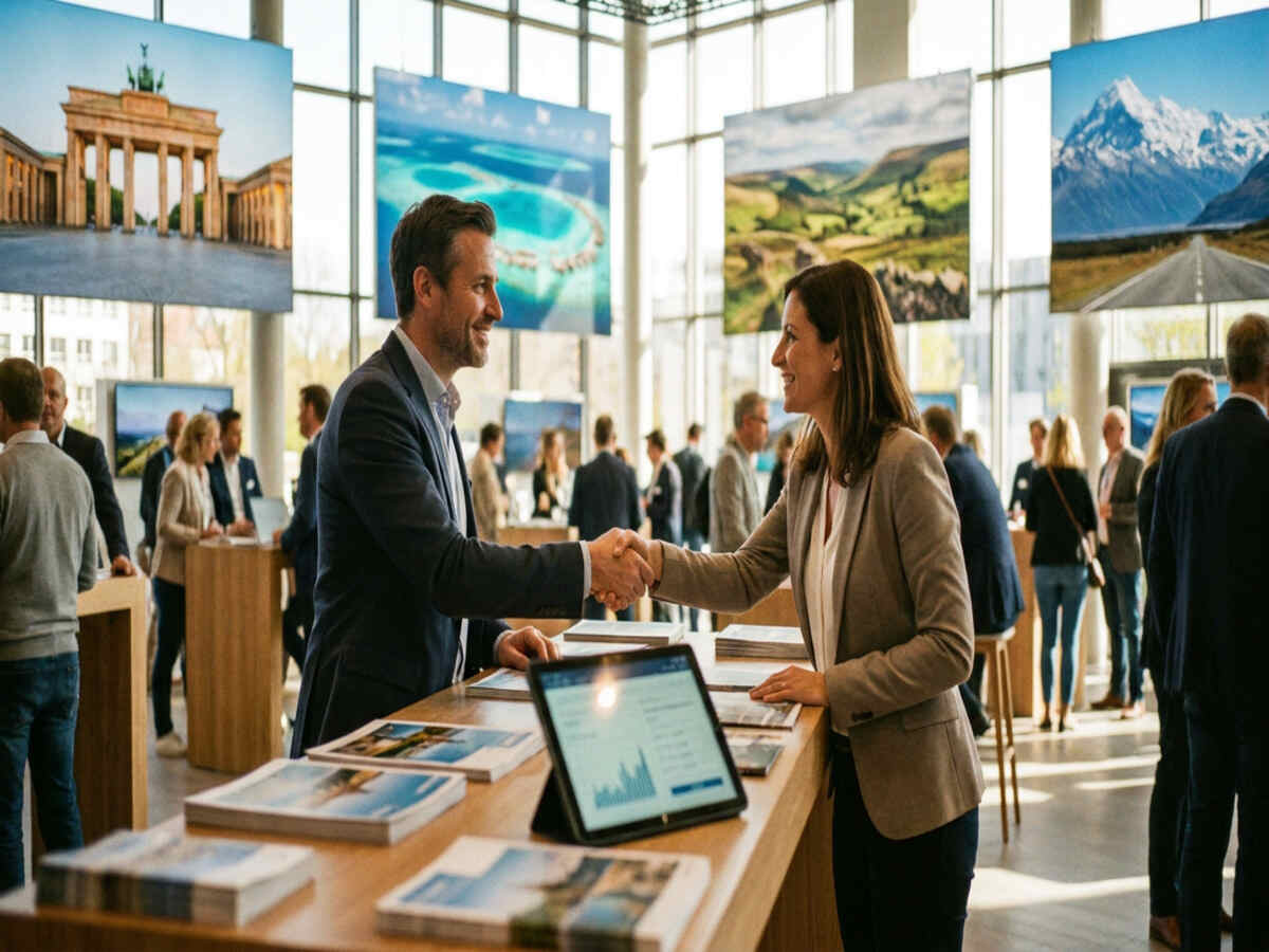 Itb berlin 2027 concept showing tourism partners discussing travel deals.