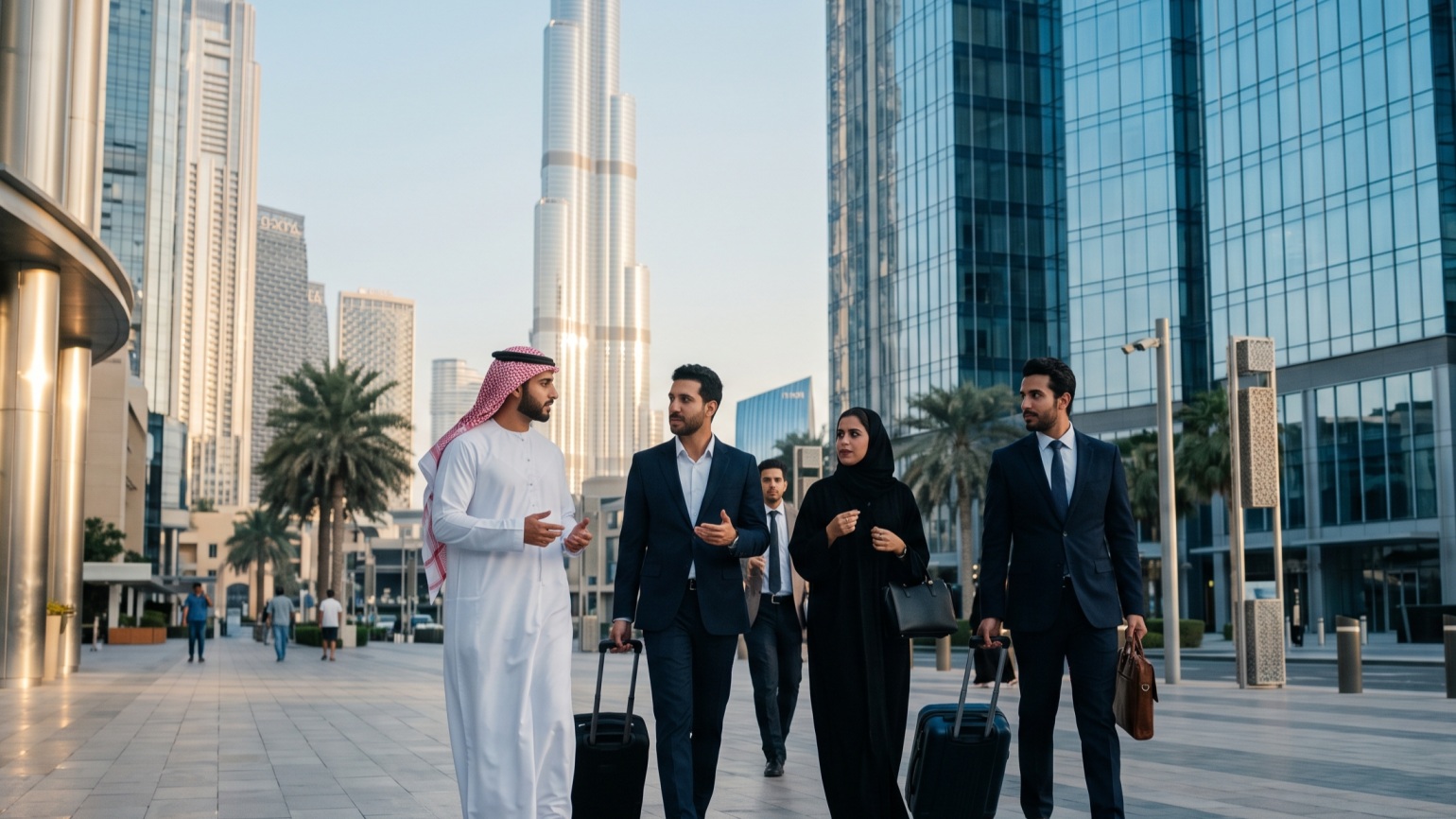 Business travellers with carry-on luggage walk through downtown dubai, with the burj khalifa in the background.