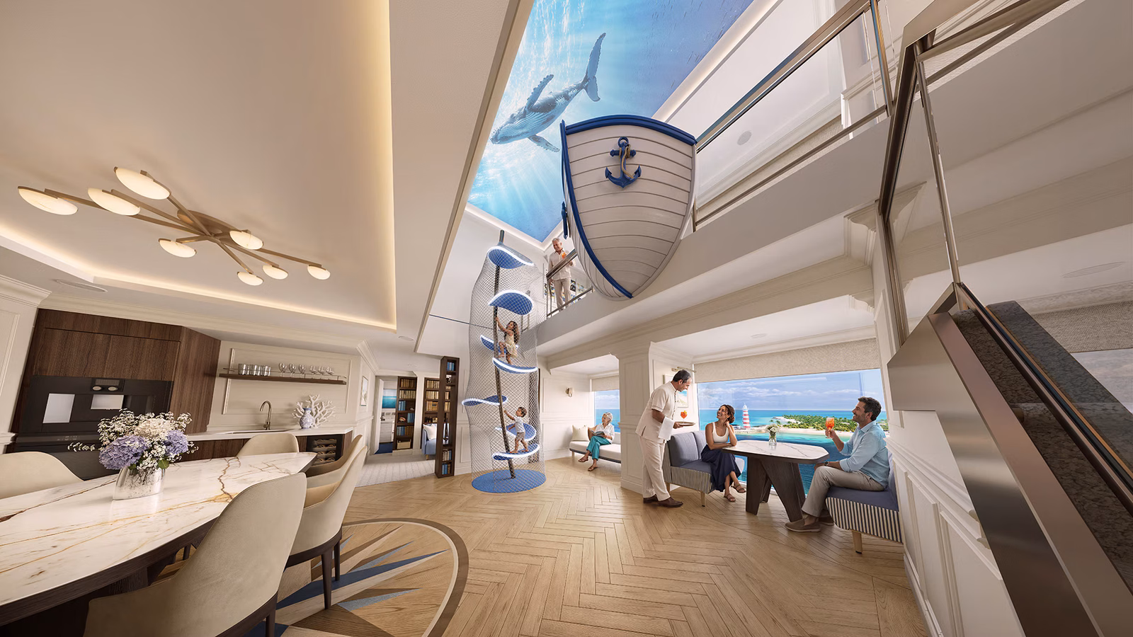 Msc cruises grand hamptons villa featuring a luxurious two-storey living area, panoramic ocean views and family entertainment spaces.