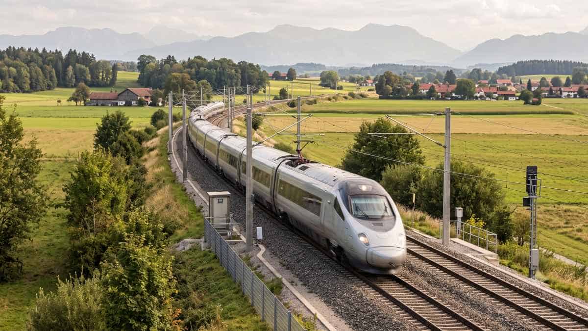 A sleek modern high-speed passenger train curves along electrified tracks through rolling european countryside with distant mountains.