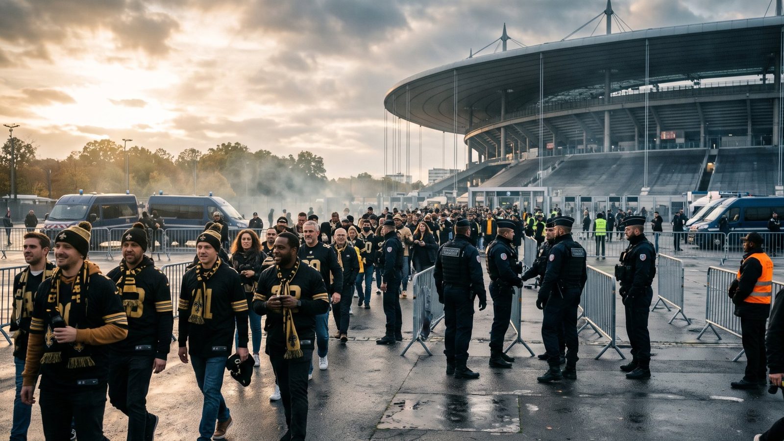New-orleans-saints-fans-in-paris-france-nfl-security-2026 - travel and tour world New orleans saints fans in paris approach stade de france amid heightened security ahead of the 2026 steelers nfl game.